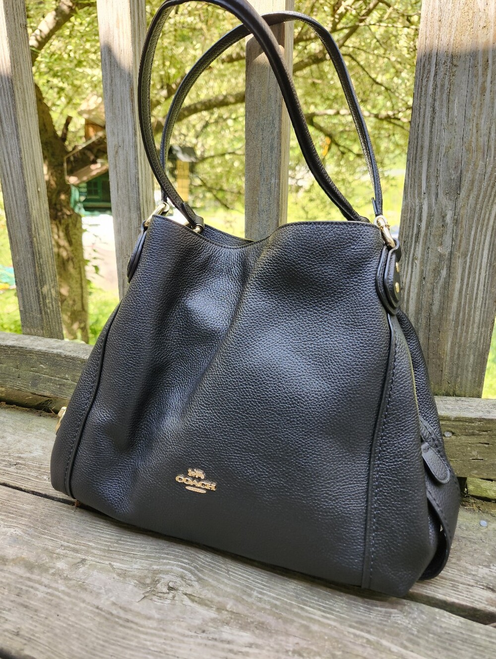 COACH Edie 31 #57125 Hobo Shoulder Bag in Black Gold Soft Pebbled Leather